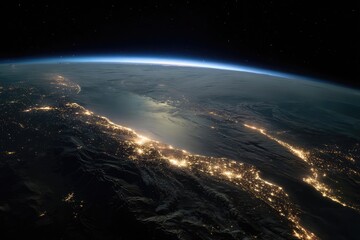 Fototapeta premium Earth at night, city lights illuminating a coastal region