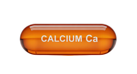 Isolated Amber Softgel Capsule Product Shot with Text 'CALCIUM Ca' on White Background