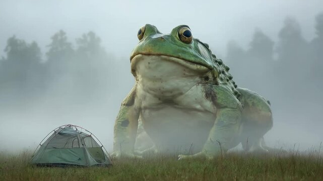 Giant frog outdoors foggy landscape