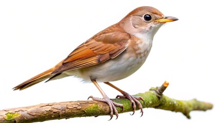 A vibrant robin, a small songbird with a redbreast, perches on a branch, isolated against a white background, showcasing its delicate feathers and striking orange and red plumage