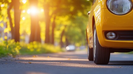 Bright yellow car parked on a sunny street lined with green trees