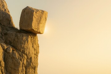 Large square rock precariously balanced on cliff edge at sunset representing challenge tension and risk management