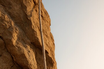 Climbing rope hanging on rocky surface with warm light representing adventure challenge and achieving goals