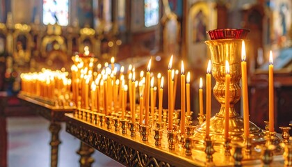 Illuminated Candles in a Russian Orthodox Church with Golden Accents