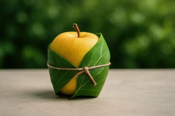 Apple wrapped in green leaves and tied with natural string. Elegant metaphor of sustainable packaging, eco-friendly alternatives, and zero waste innovation.
