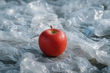 Red apple on a pile of plastic waste, symbolizing natural health amid environmental pollution. Powerful contrast of eco choice and plastic threat. Ideal for sustainability topics.