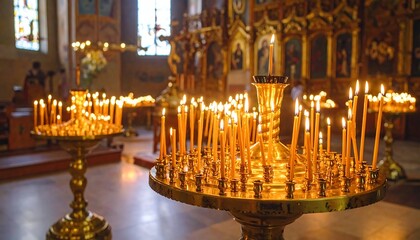 Illuminated faith: Candlelight in an Orthodox church creating a warm ambiance