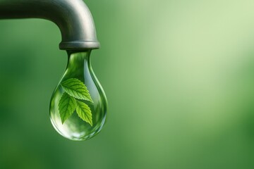 Close-up of a water droplet with green leaves reflected inside, symbolizing purity, nature, and sustainability. Ideal for eco products, ESG visuals, and clean branding.