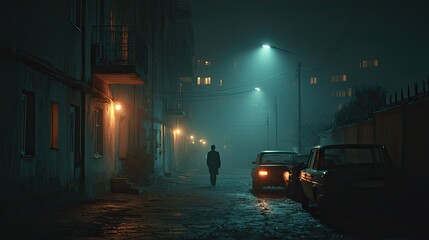 Solitary figure in dim alley, moody urban scene, mysterious city night, dramatic light, lonely street, cinematic view