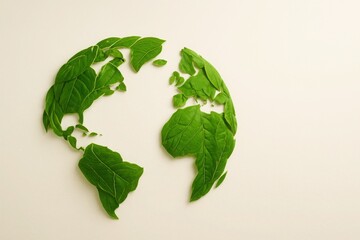 Globe made of fresh green leaves on clean light background. Universal symbol of sustainable Earth, environmental care, and green future. Ideal for ESG, eco brands, and clean design.