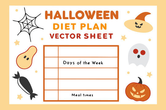 Fun halloween themed weekly meal planner template with spooky graphics and customizable sections for tracking diet and eating habits