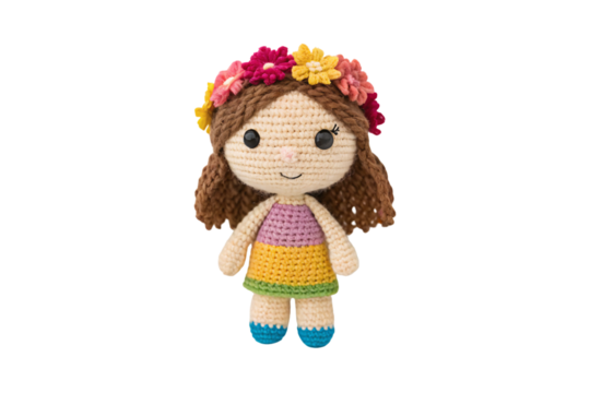 Charming handmade doll with long brown hair, flower accessories, rainbow striped dress, blue shoes, smiling face, isolated on a transparent background - Powered by Adobe