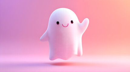 Friendly 3D ghost waving with a soft smile, floating against a pastel pink gradient background