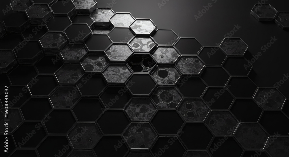 Poster dark abstract background featuring a futuristic hexagonal grid. modern technological concept with a 