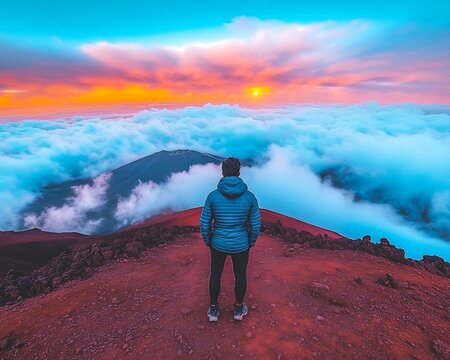 Person contemplates the beautiful sunset above clouds on a mountain