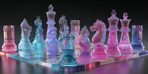 Colorful glass chess set on transparent board