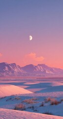 Pastel desert sunset, mountains and moon