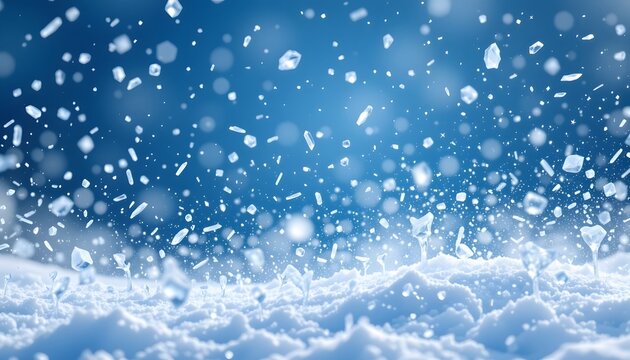 soft blue background with floating ice shards and snow mist