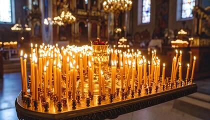 Illuminated faith: Rows of candles burning brightly in an Orthodox church