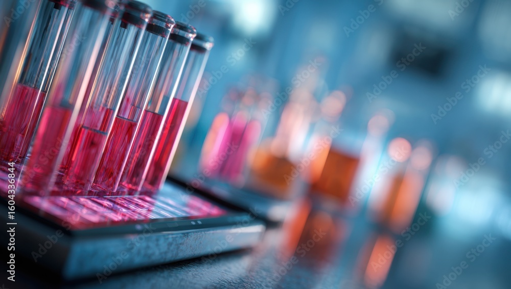 Poster laboratory glassware filled with vibrant red liquid rests on a reflective creating an intriguing abs