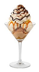 Vanilla Ice Cream Sundae Dessert in Martini Glass with Caramel Drizzle and Whipped Cream, isolated Product Shot