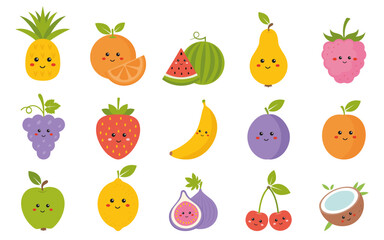 Fruits, berries set, vector collection of fruits in cute kawaii style icon set. Apple, pineapple, pear, berry, strawberry, lemon, raspberry, banana isolated on white.