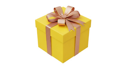 3d illustration of yellow gift box with rose gold ribbon and bow on transparent background