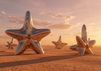 Futuristic star sculptures in a desert landscape at sunset