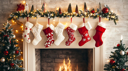  Decorated fireplace mantel with stockings, garlands, and twinkling lights (2)