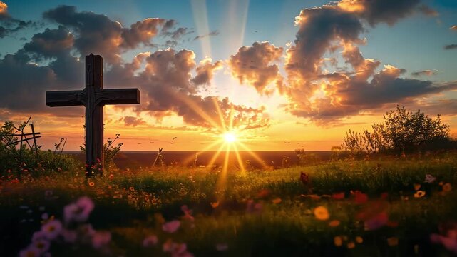 Wooden cross standing in blooming meadow at sunset with golden sunlight and colorful clouds. Concept of resurrection, Easter morning, spiritual hope, Christian faith, peace of nature