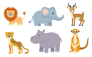 Sets of savanna, safari animals in simple childish style. Cute animals, lion, elephant, hippo, meerkat, cheetah isolated on white background.