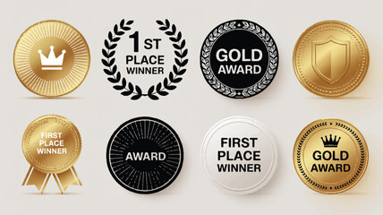 Eight vintage award medals and badges with gold and black designs vector