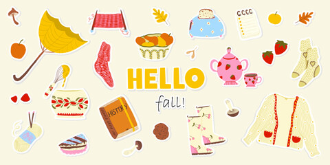 Set of vector autumn elements and inscription Hello Autumn. Cute cozy autumn stickers. Umbrella, rubber boots, autumn clothes, knitted socks, cup of tea with a teapot, cookies, toaster with bread