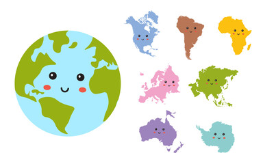 Continents and Earth cute illustration, geographical poster. Earth, world parts. Geography Learning, World illustration for kids.