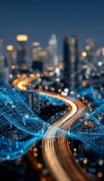 Futuristic Smart City Connection Featuring Digital Waves and Advanced Wireless Networking Technology