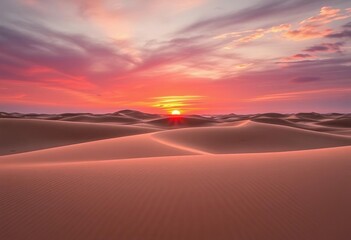 Obraz premium Serene sunrise paints vibrant hues across gently rolling sand dunes, creating a peaceful desert landscape, scenery, tranquility