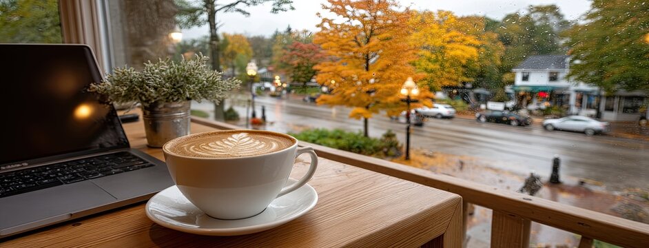 A warm coffee cup rests beside a laptop on a wooden table, bathed in natural light, with autumn colors visible through the window