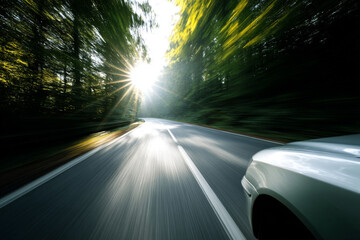 Fototapeta premium Speeding car forest asphalt road sunlight motion blur green trees dynamic travel adventure