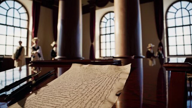 Elegant vintage pens are lying near an important antique document on a polished wooden desk in a historical government building, politicians are discussing in the background