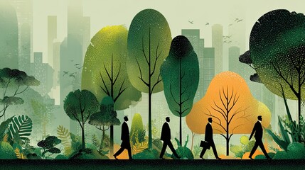 Walking meeting office nature scene, business teamwork outdoors, modern corporate strategy, green workplace concept art