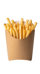 Golden french fries in a brown cardboard takeaway box isolated PNG with Transparent Background