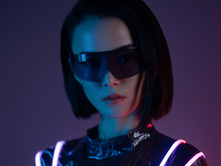 Futuristic woman, neon light, short hair, sunglasses, metallic outfit, confident, modern style