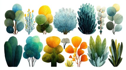 Watercolor illustration various bushes, artistic top view foliage, creative nature design, colorful plant painting art