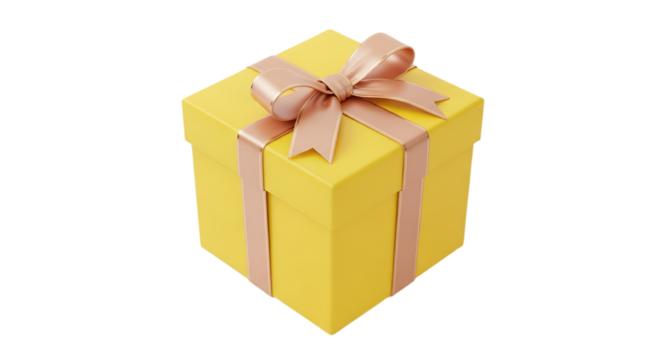 3d illustration of yellow gift box with rose gold ribbon and bow on transparent background