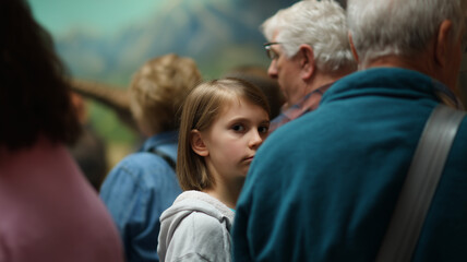 Young girl looking bored among older adults in crowded museum, feeling cranky during long visit