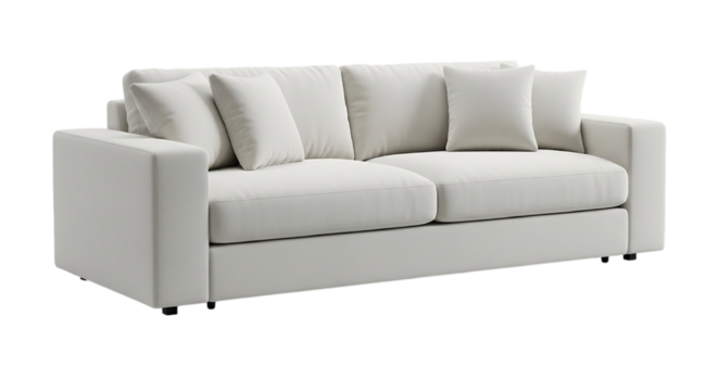 3d illustration of light grey fabric sofa with four throw pillows isolated on transparent background