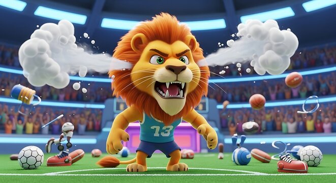 Furious lion mascot roaring with aggressive energy on a chaotic sports field in a packed stadium. - Powered by Adobe