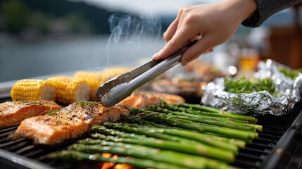 Barbecue on a boat deck features grilled corn and asparagus, surrounded by foil-wrapped food and a picturesque lake backdrop