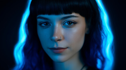 Cyberpunk female portrait with blue neon light, young woman with nose ring, straight bangs, confident expression