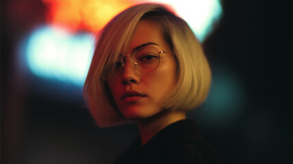 Blonde woman with short bob haircut, glasses, cyberpunk style, neon lights, night, confident, moody